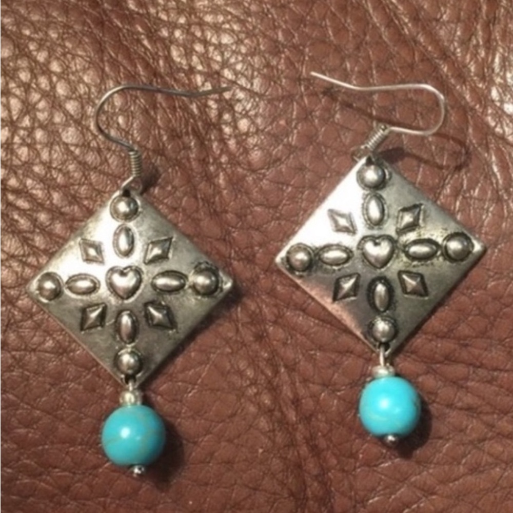 SILVER HEART CONCHO TURQUOISE SQUARE EARRINGS STAMPED CENTER HEART
